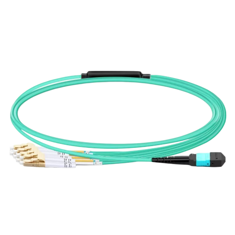 1m (3ft) MTP-8 UPC (Female) to 4x LC UPC Duplex OM3 Multimode Elite Breakout Cable, 8 Fibers, Type B, LSZH, Aqua