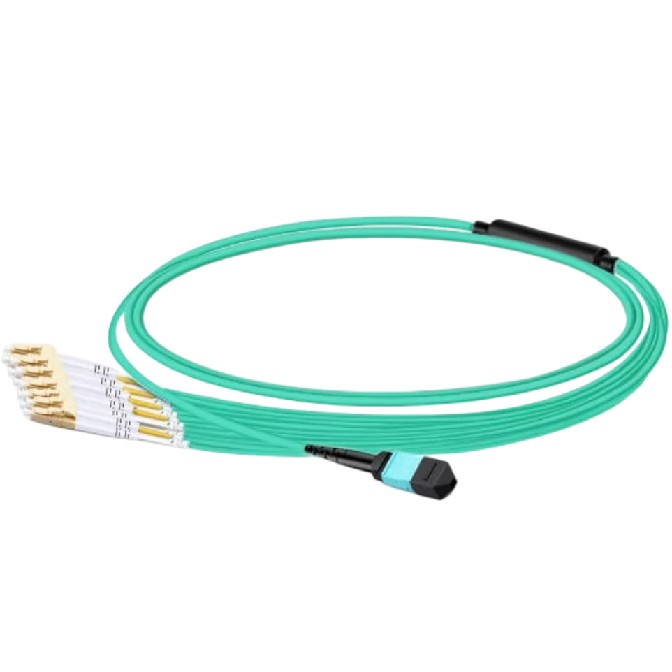 1m (3ft) MTP-12 UPC (Female) to 6x LC UPC Duplex OM3 Multimode Elite Breakout Cable, 12 Fibers, Type B, LSZH, Aqua
